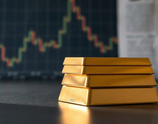 Stacked gold bars with soft lighting and blurred financial charts in background