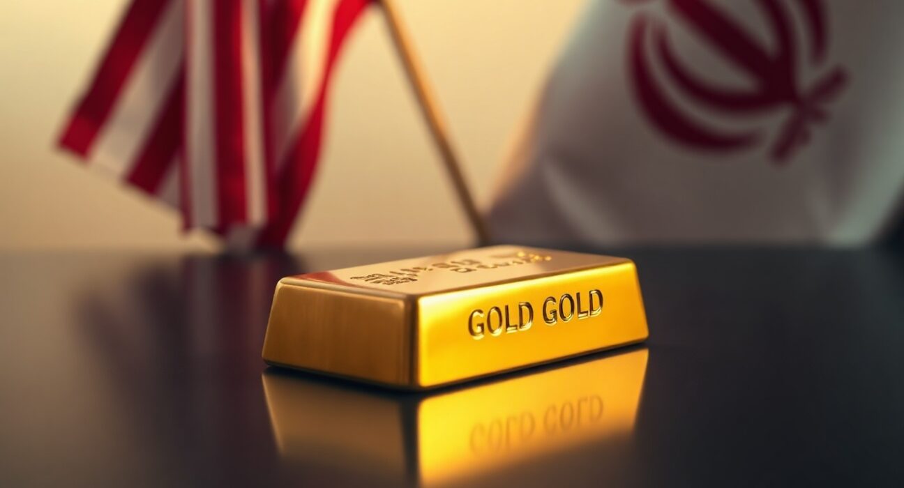 Gold bar on reflective surface with US and Iranian flags in blurred background
