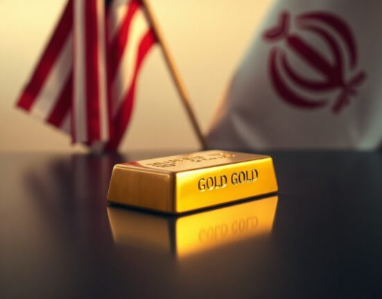Gold bar on reflective surface with US and Iranian flags in blurred background