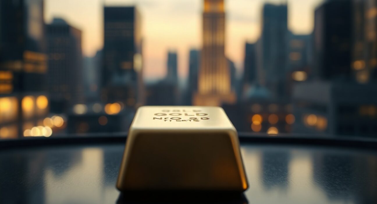 Gold bar with financial district skyline in background, representing gold price surge