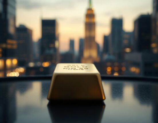 Gold bar with financial district skyline in background, representing gold price surge
