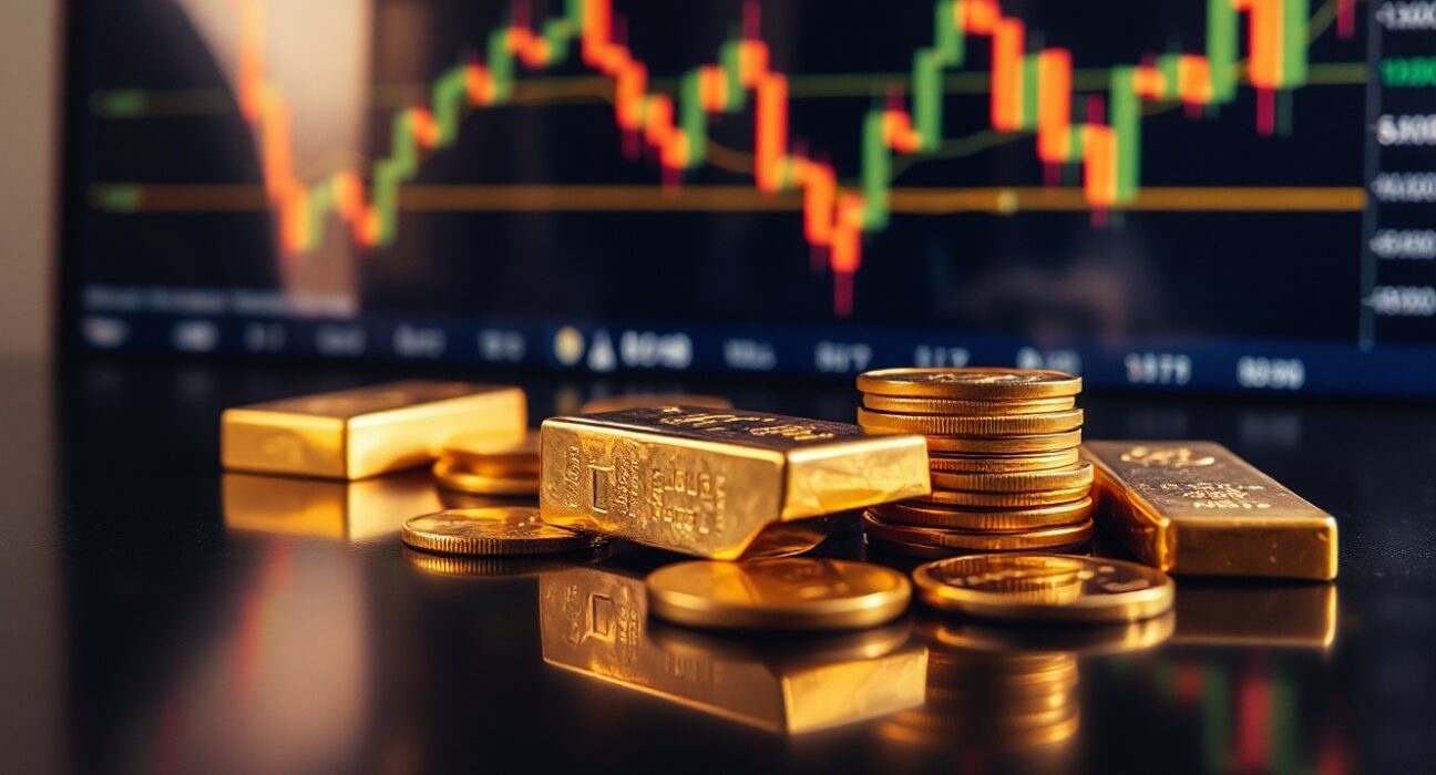 Gold bars and coins on a reflective surface with a financial chart in the background, representing rising gold prices.