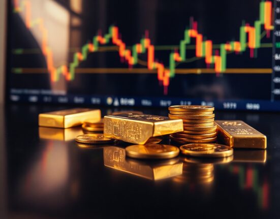 Gold bars and coins on a reflective surface with a financial chart in the background, representing rising gold prices.