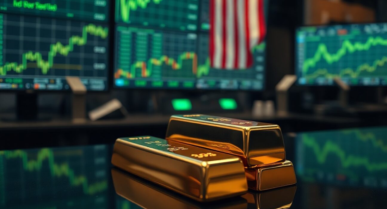 Stacked gold bullion bars with financial charts in background reflecting market reaction to geopolitical news