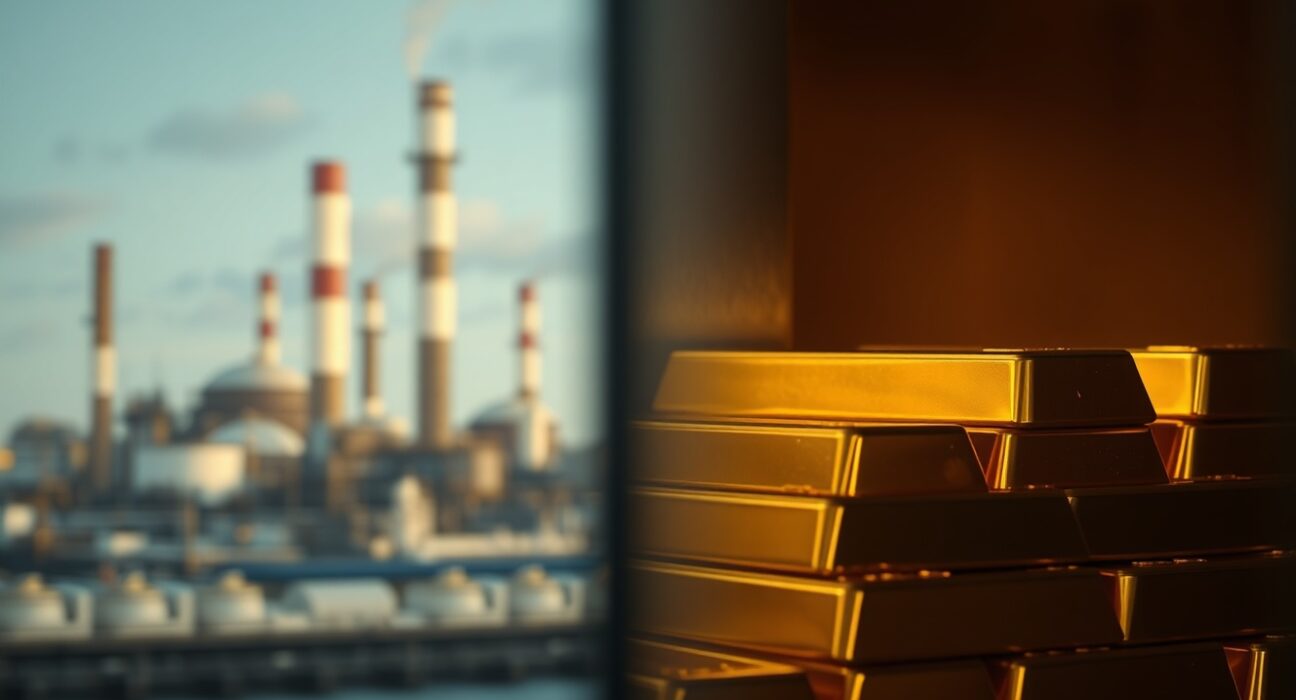 Gold bars in foreground with blurred oil refinery in background representing market shift