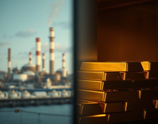 Gold bars in foreground with blurred oil refinery in background representing market shift