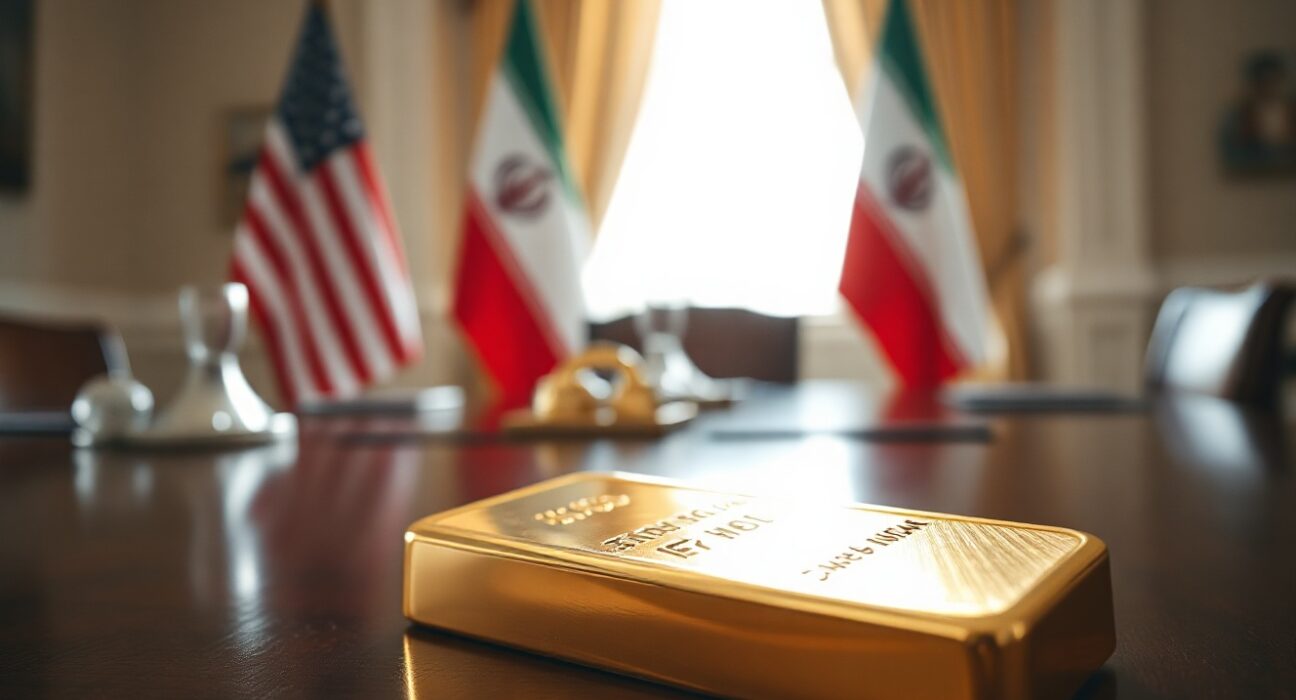 Gold bullion bar with American and Iranian flags in background representing peace deal impact on gold prices.