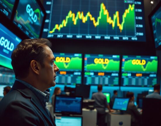 Trader observing rising gold price chart on screen after US-Iran peace deal announcement