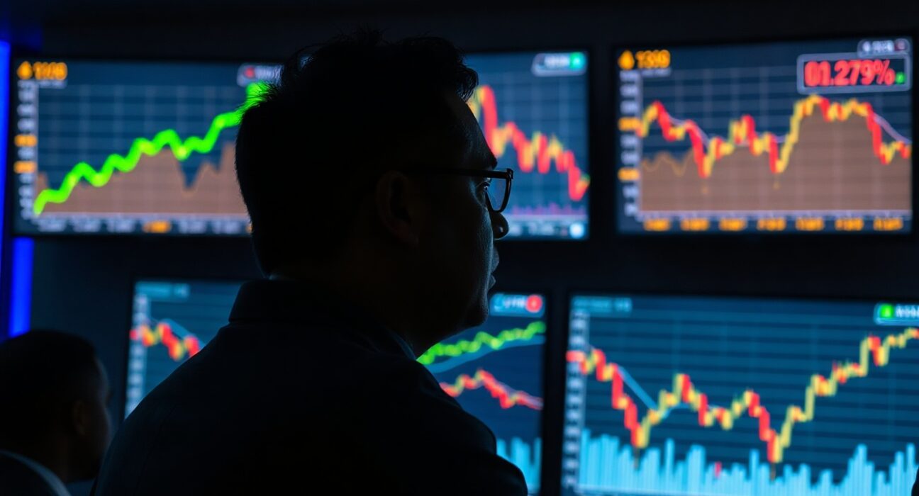 Trader observing gold price surge and US Dollar decline on trading floor screens