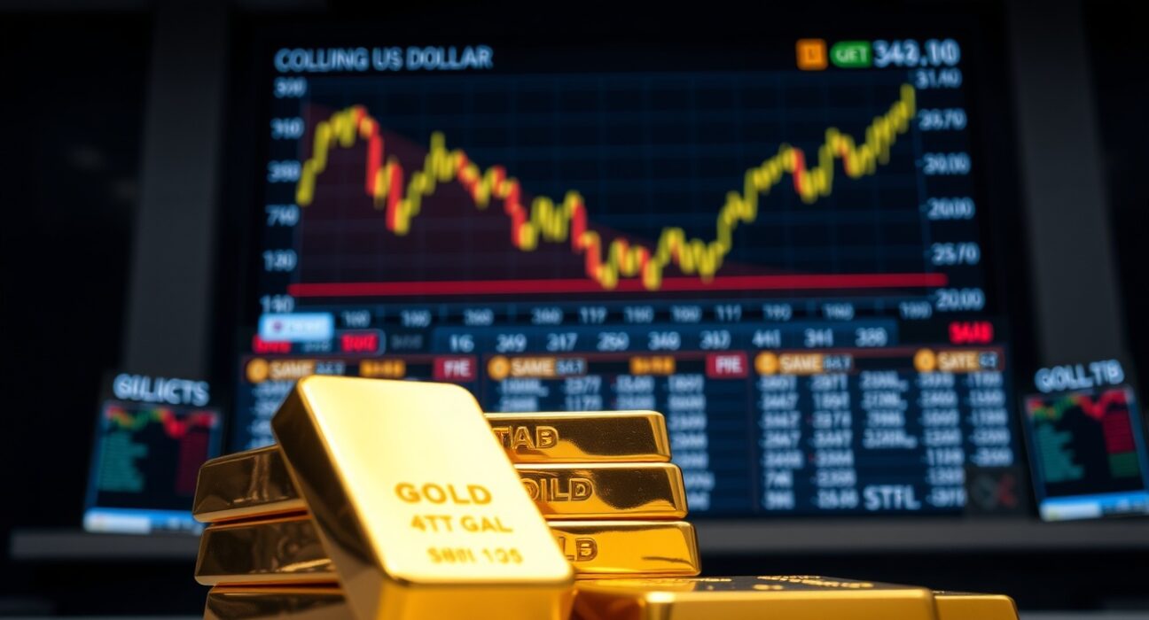 Gold bullion bars in foreground with financial screen showing dollar decline and gold price rise