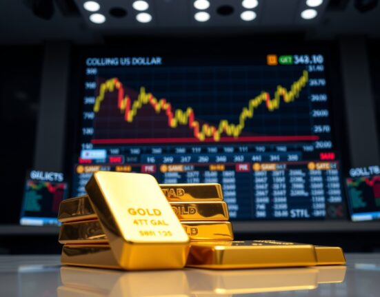 Gold bullion bars in foreground with financial screen showing dollar decline and gold price rise