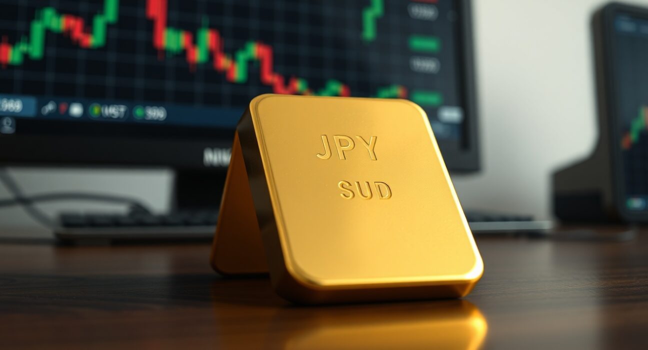 Gold bar on dark surface with financial charts in background