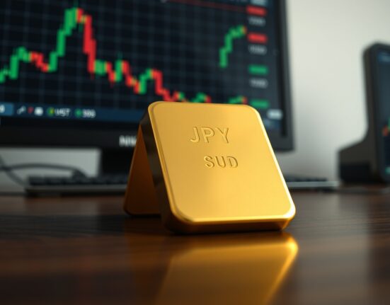 Gold bar on dark surface with financial charts in background