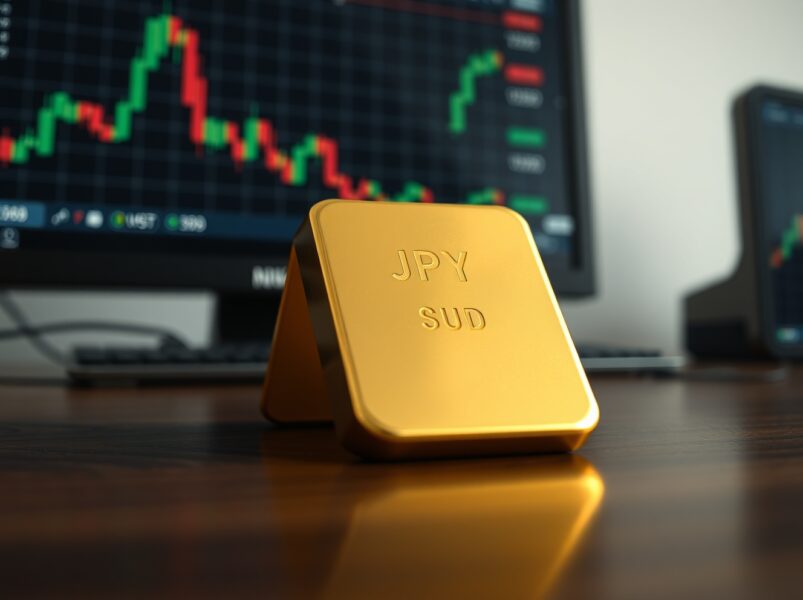 Gold bar on dark surface with financial charts in background