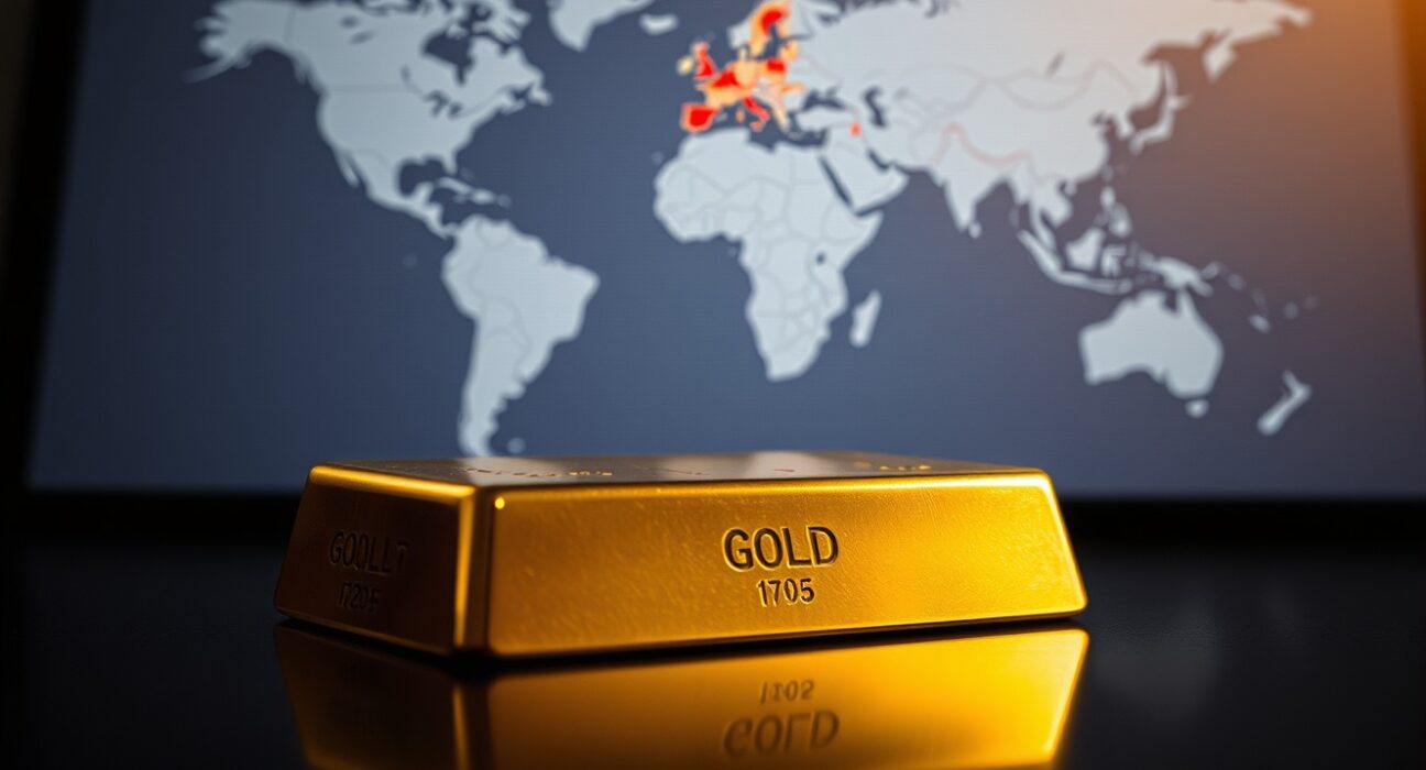 Close-up of a gold bar with a blurred digital map showing conflict zones in the background, representing geopolitical market volatility.