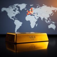 Close-up of a gold bar with a blurred digital map showing conflict zones in the background, representing geopolitical market volatility.