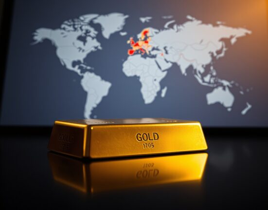 Close-up of a gold bar with a blurred digital map showing conflict zones in the background, representing geopolitical market volatility.