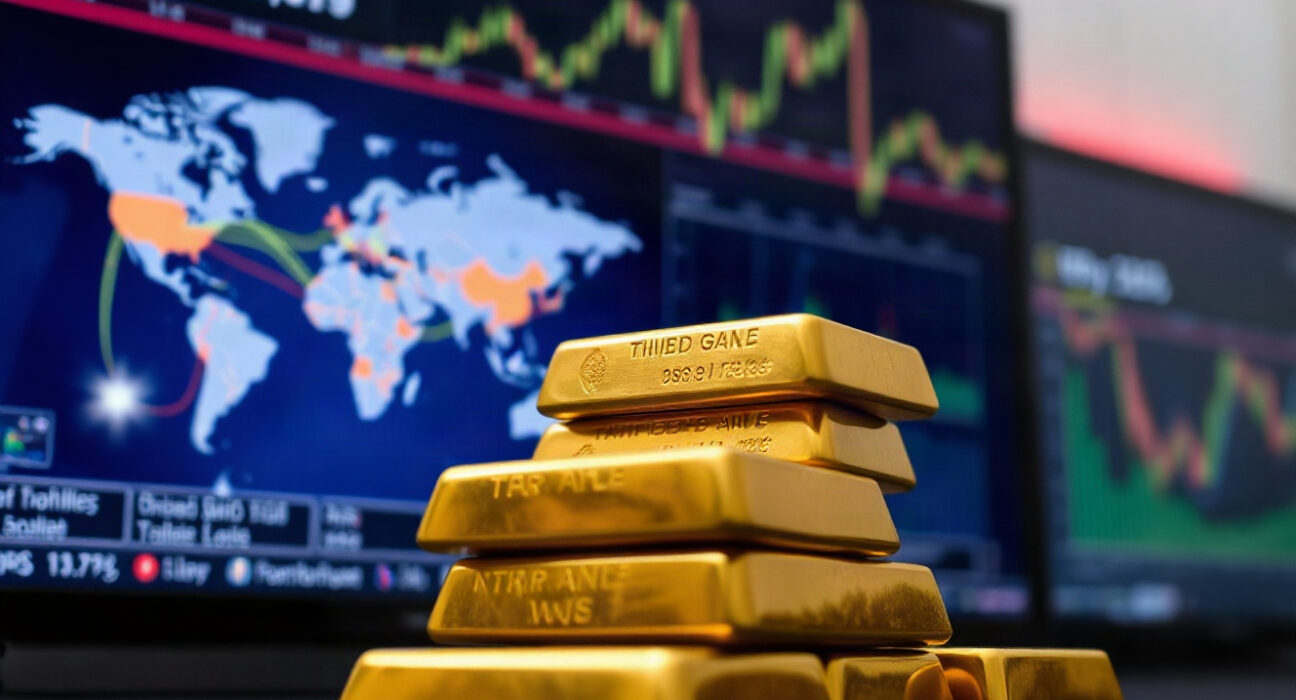 Gold bullion bars in foreground with a financial newsroom screen in background