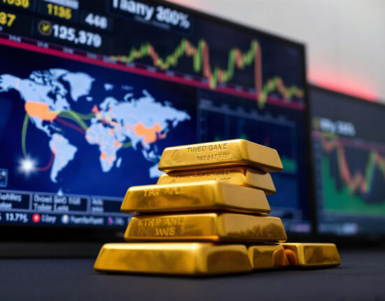 Gold bullion bars in foreground with a financial newsroom screen in background