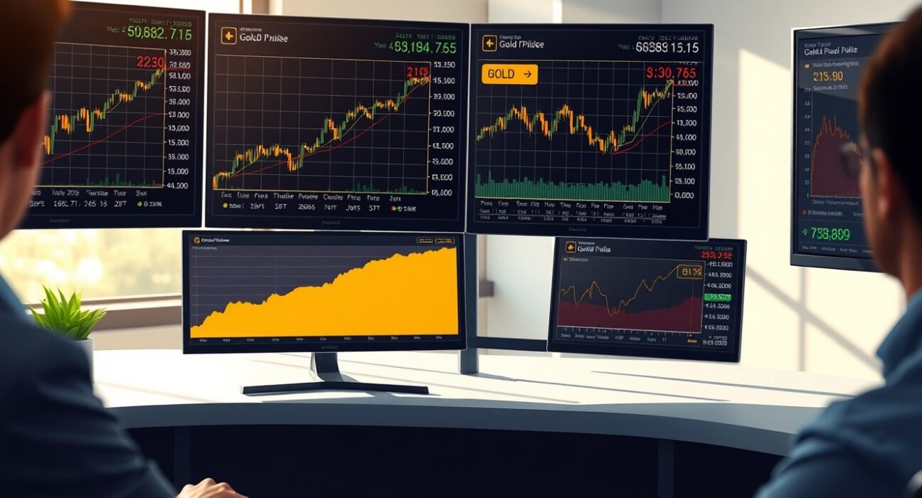 Gold price analysis showing trading desk with real-time charts of gold prices and bond yields impacting precious metals market