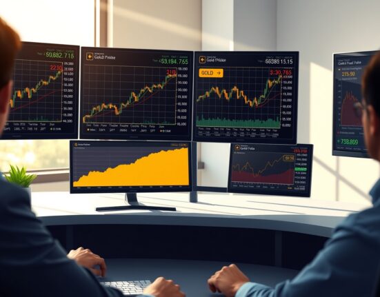 Gold price analysis showing trading desk with real-time charts of gold prices and bond yields impacting precious metals market