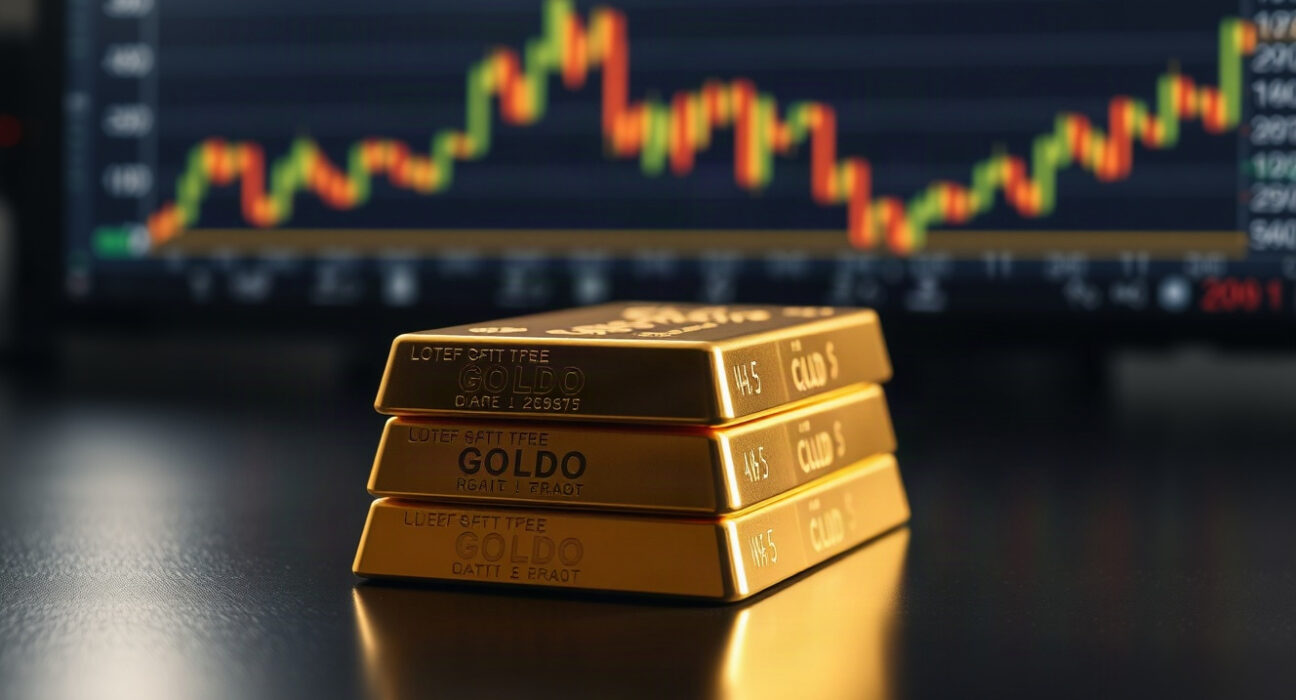 Gold bullion bars stacked on a reflective surface with a stock chart in the background