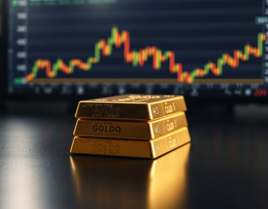 Gold bullion bars stacked on a reflective surface with a stock chart in the background