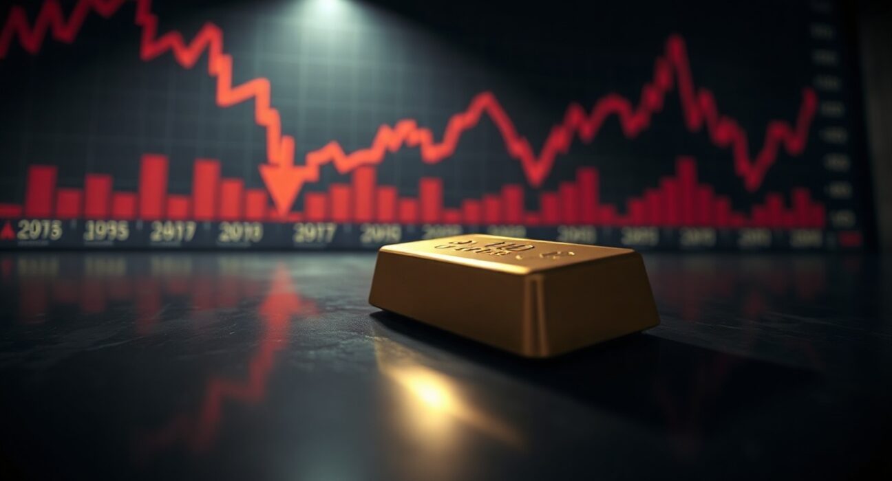 Gold bar on dark surface with red stock ticker in background indicating bearish trend