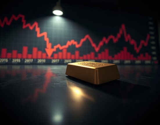 Gold bar on dark surface with red stock ticker in background indicating bearish trend
