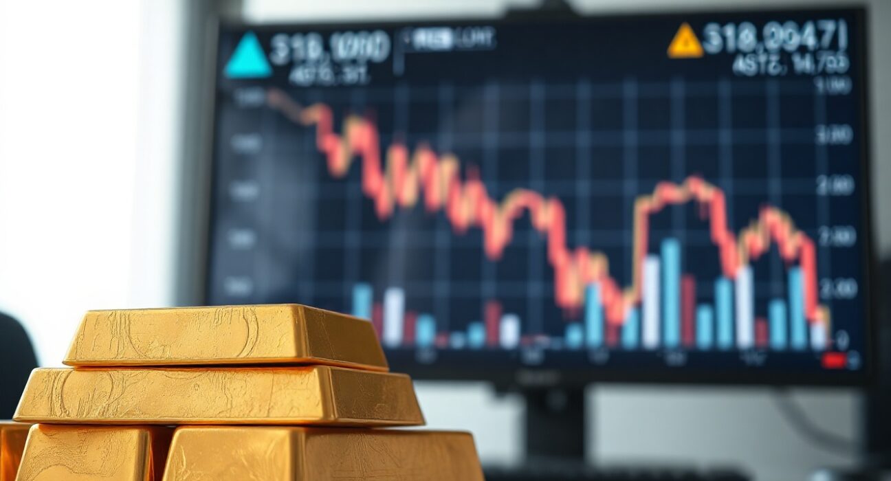 Gold bars with a blurred background of a financial trading screen showing downward price charts.