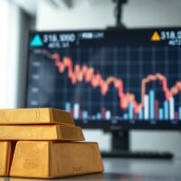 Gold bars with a blurred background of a financial trading screen showing downward price charts.