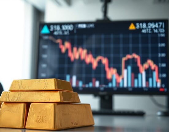 Gold bars with a blurred background of a financial trading screen showing downward price charts.