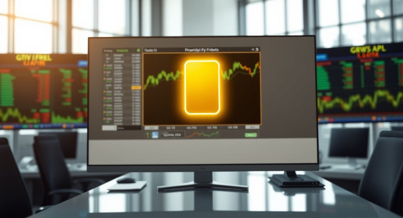 Digital gold bar icon on a monitor in a modern trading office