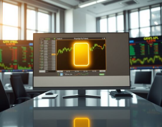 Digital gold bar icon on a monitor in a modern trading office