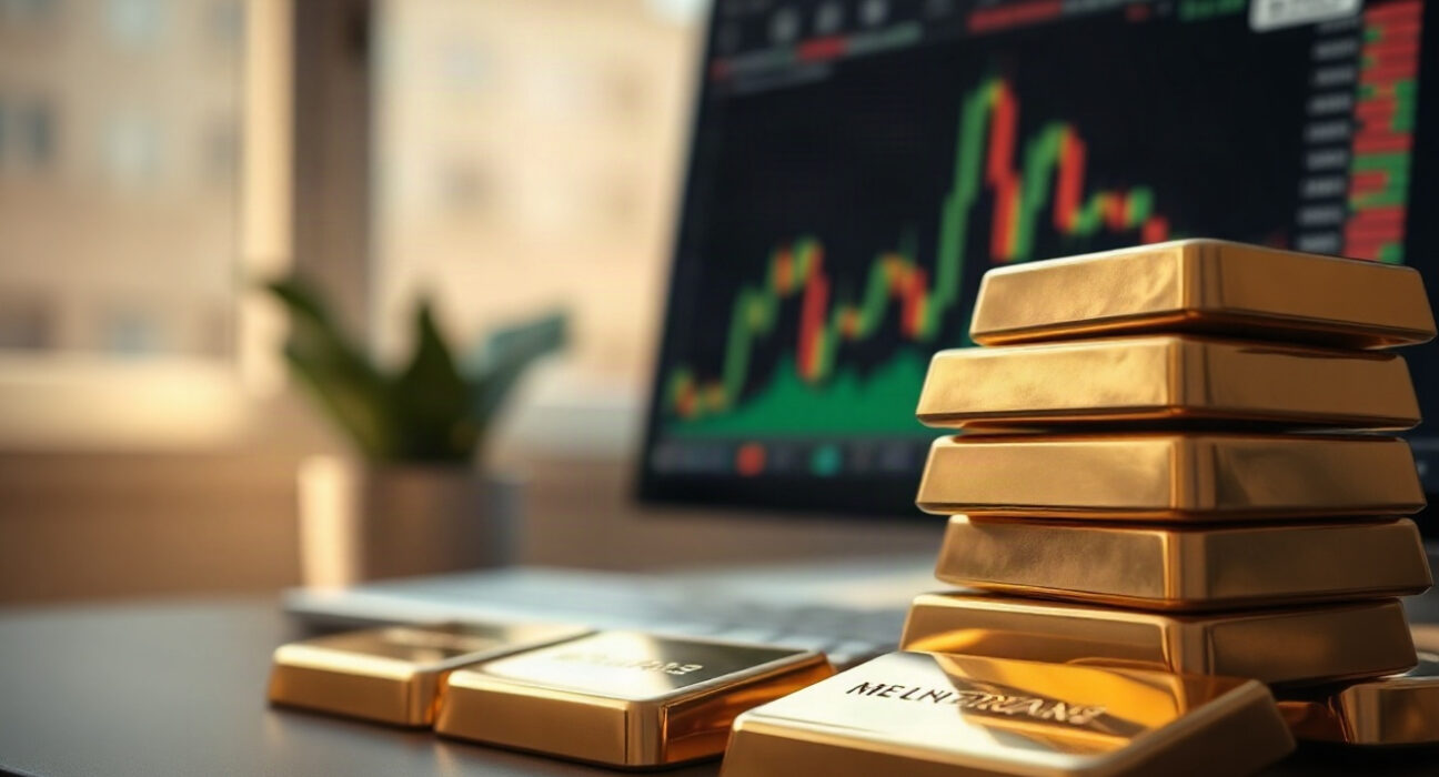 Gold bullion bars with a financial chart in the background
