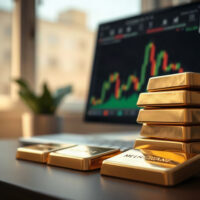 Gold bullion bars with a financial chart in the background