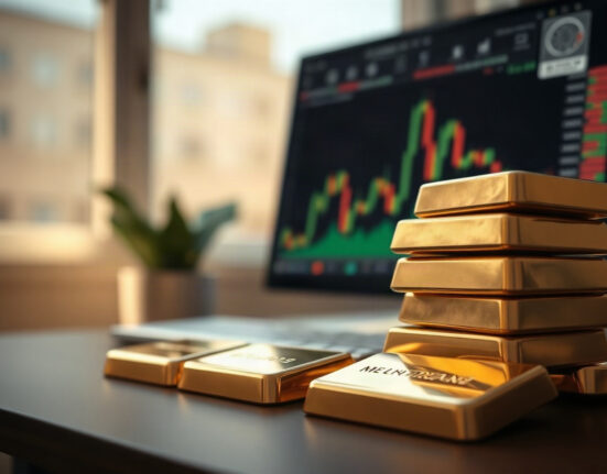 Gold bullion bars with a financial chart in the background