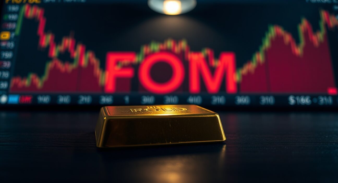 Close-up of a gold bullion bar with a blurred financial chart in the background, symbolizing market uncertainty ahead of the FOMC rate decision.