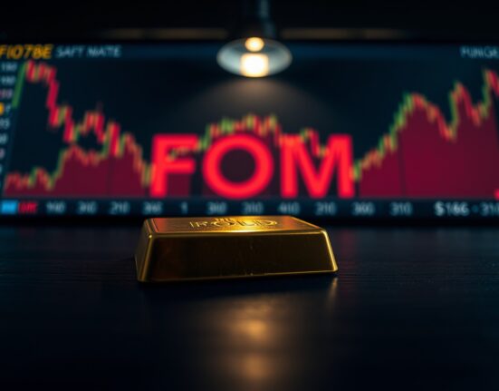 Close-up of a gold bullion bar with a blurred financial chart in the background, symbolizing market uncertainty ahead of the FOMC rate decision.