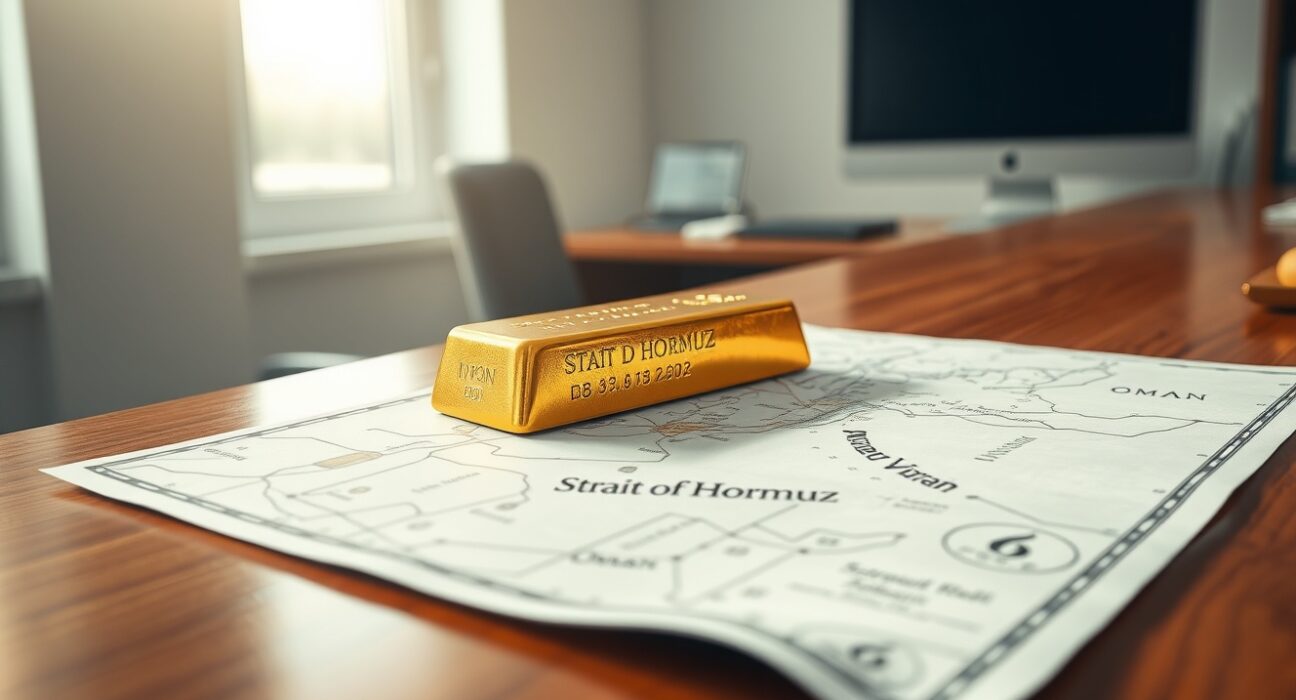 Gold bullion on a Strait of Hormuz chart symbolizes trader caution amid geopolitical risk.
