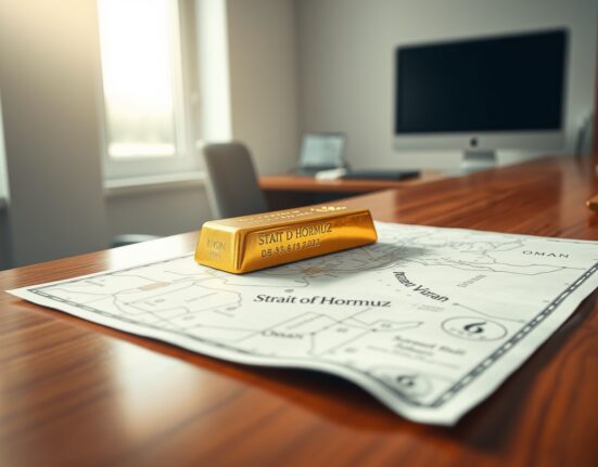 Gold bullion on a Strait of Hormuz chart symbolizes trader caution amid geopolitical risk.