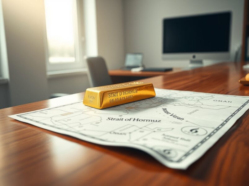 Gold bullion on a Strait of Hormuz chart symbolizes trader caution amid geopolitical risk.