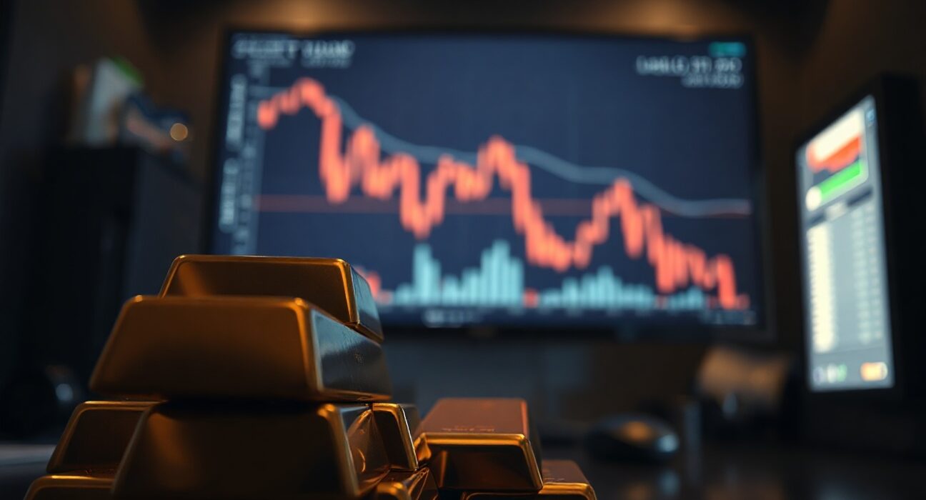 Stack of gold bars in a vault with a financial chart in the background showing a downward trend.