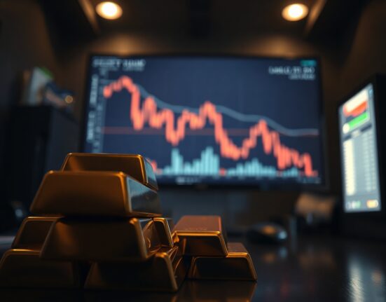 Stack of gold bars in a vault with a financial chart in the background showing a downward trend.