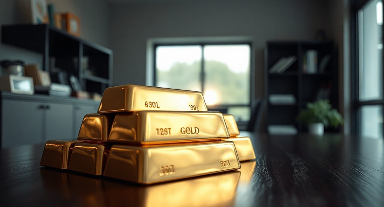Close-up of stacked gold bars reflecting soft natural light on a wooden surface