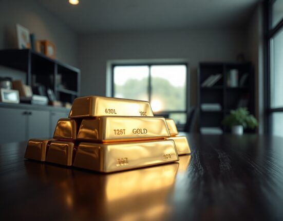Close-up of stacked gold bars reflecting soft natural light on a wooden surface