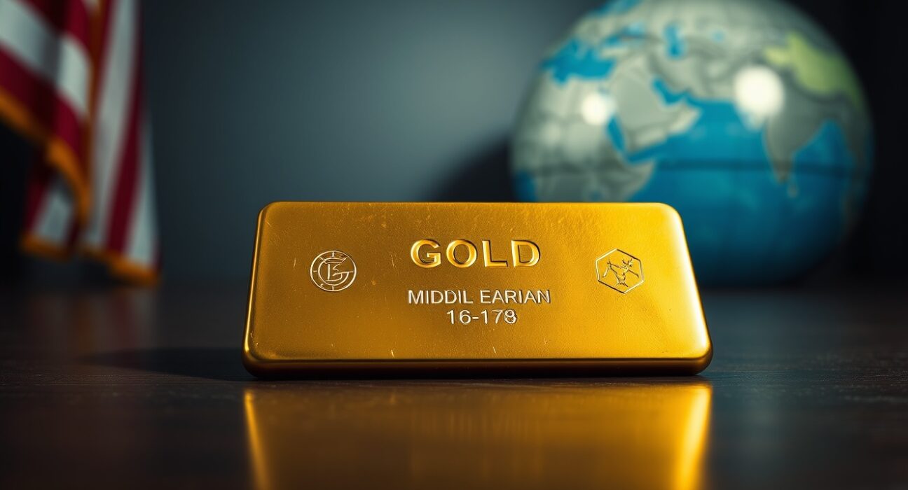 Gold bar on dark surface with US flag and globe in background symbolizing economic and geopolitical factors