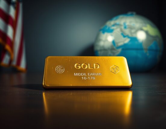 Gold bar on dark surface with US flag and globe in background symbolizing economic and geopolitical factors