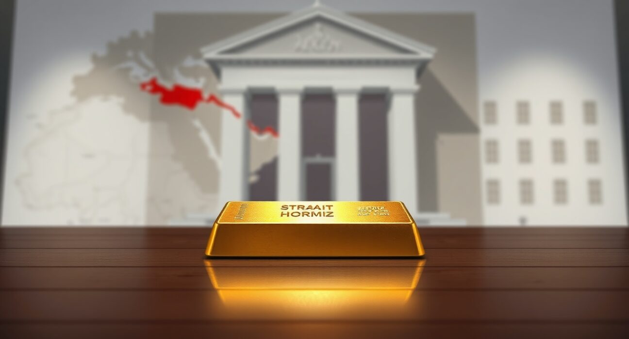 Gold bar with map of Middle East and Federal Reserve building in background, representing gold price tumble below $4,700 amid geopolitical and monetary policy concerns.