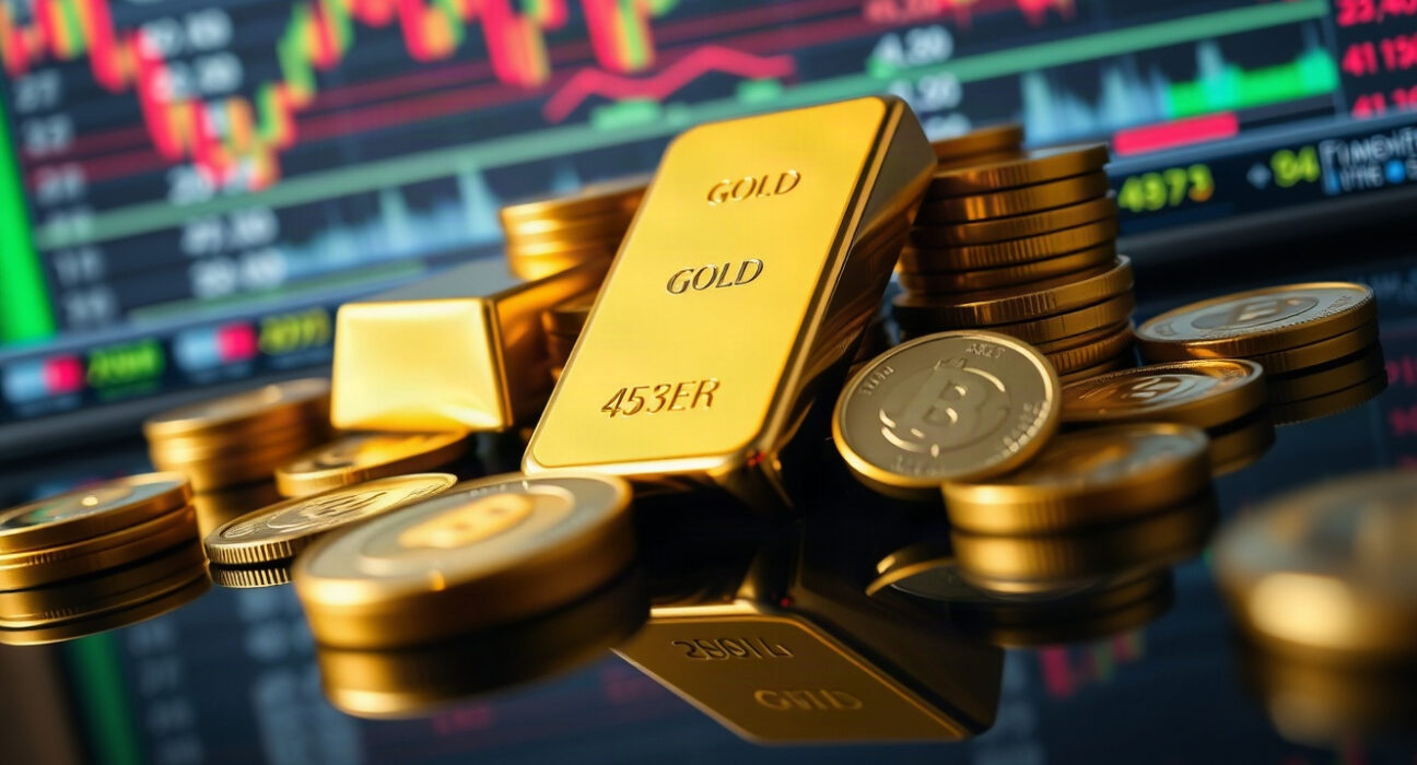 Gold bars and coins reflecting on a dark surface, with financial charts blurred in background.